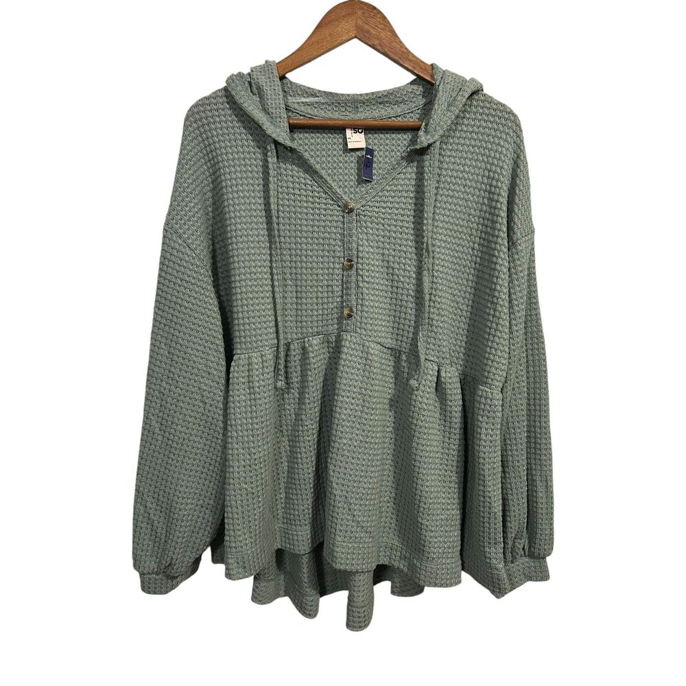 SO Sage Green Waffle Knit Hoodie Top Size XL Henley Button Front Peplum